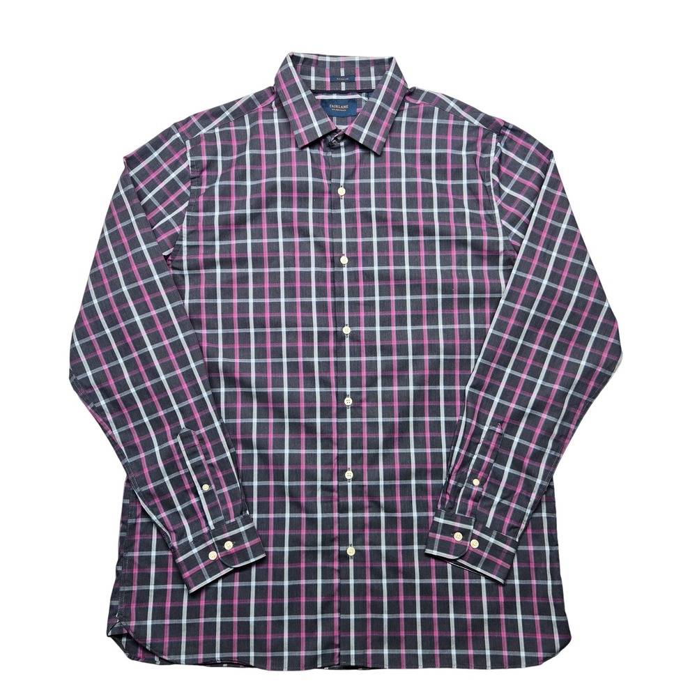Fairlane‎ Shirt Mens XL Tall Blue Pink Plaid Long Sleeve Non Iron Stretch Cotton